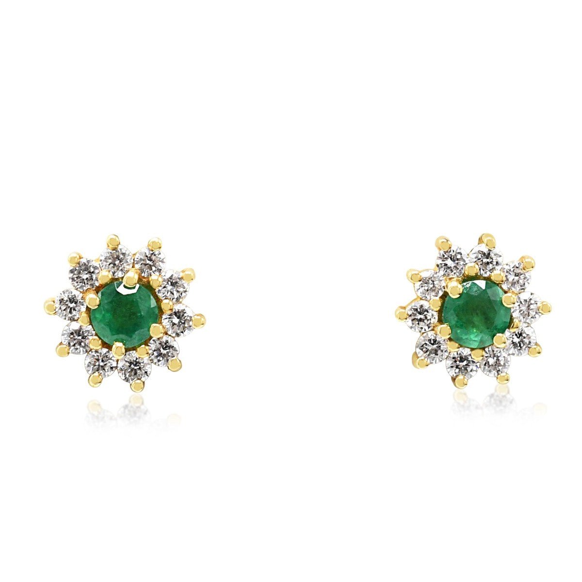 Emerald & Brilliant Cut Diamond Cluster Earrings - 18ct Yellow Gold