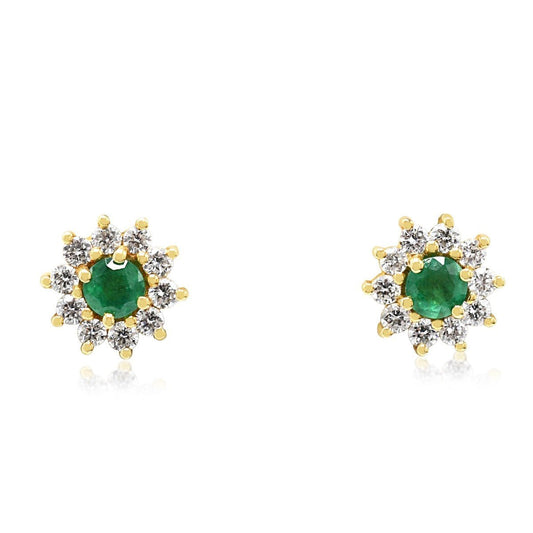 Emerald & Brilliant Cut Diamond Cluster Earrings - 18ct Yellow Gold