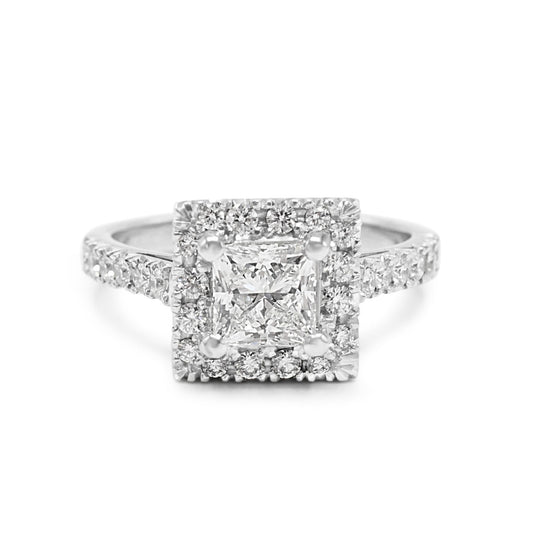 Handmade De Beers Certificated Diamond Halo Ring, Diamond Shoulders