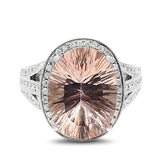 Oval Morganite & Diamond Cluster Dress Ring - 14ct White Gold