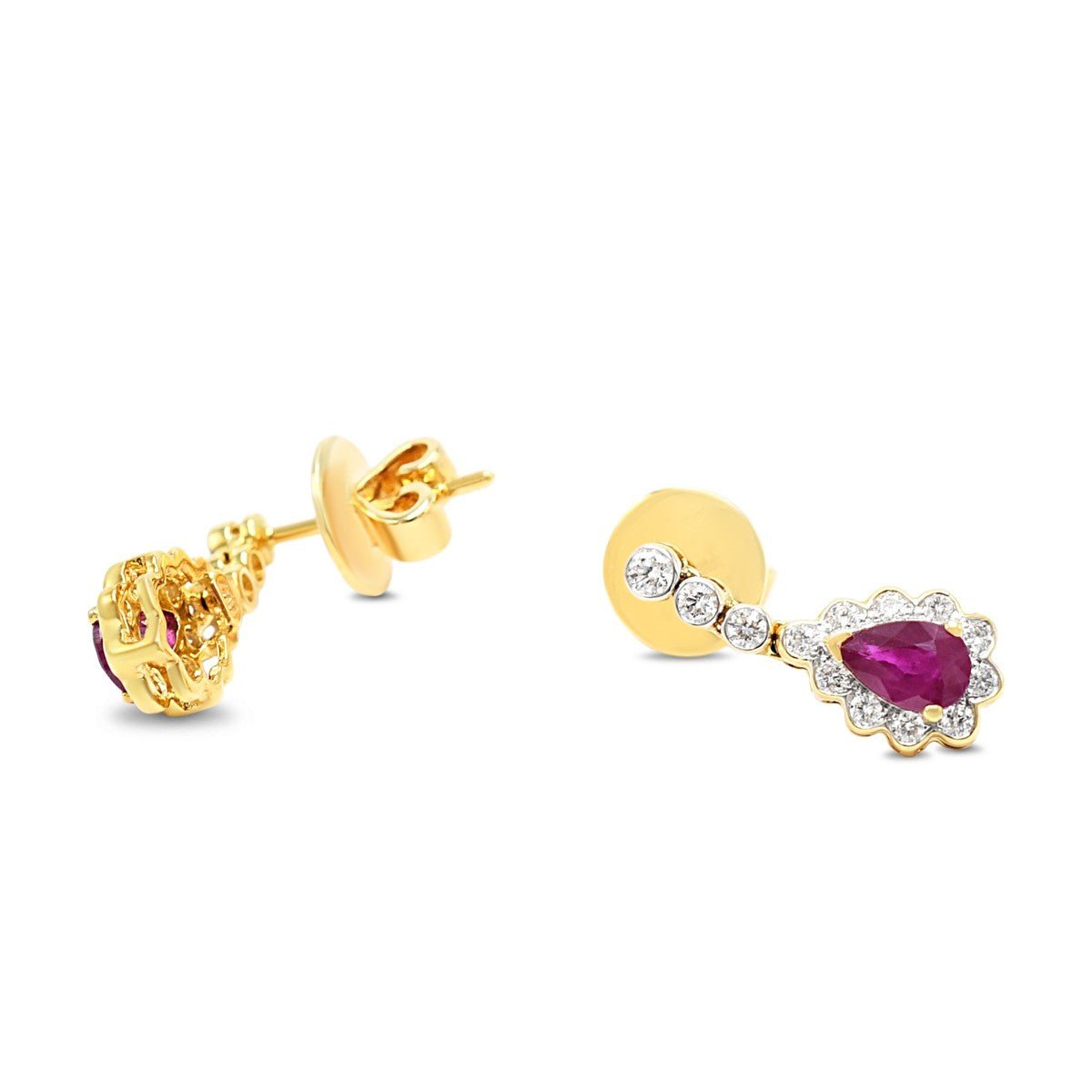 Ruby & Brilliant Cut Diamond Drop Earrings - 18ct Yellow Gold