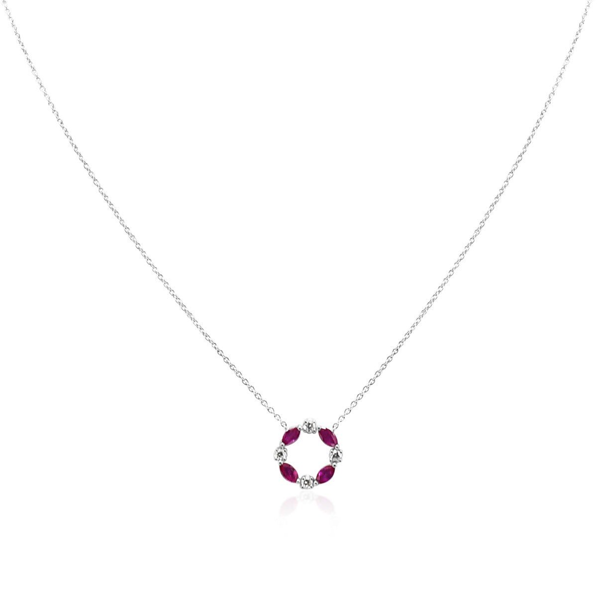 Ruby & Diamond Circular Pendant 16" Necklace - 18ct White Gold