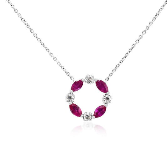 Ruby & Diamond Circular Pendant 16" Necklace - 18ct White Gold