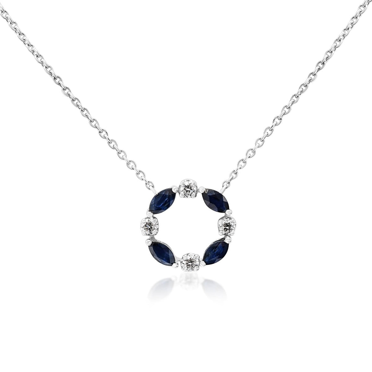 Sapphire & Diamond Circular Pendant 16" Necklace - 18ct White Gold