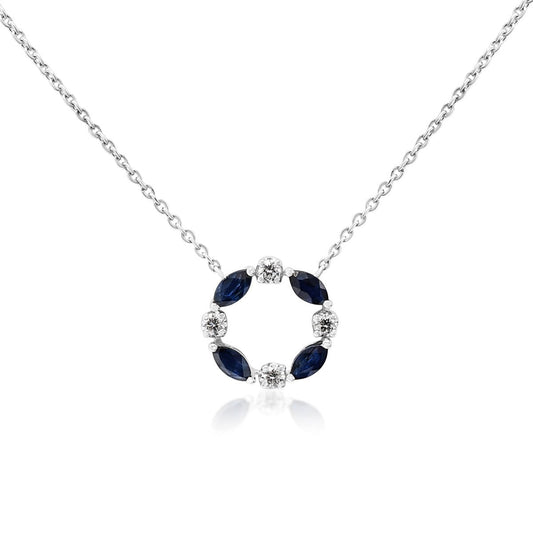 Sapphire & Diamond Circular Pendant 16" Necklace - 18ct White Gold