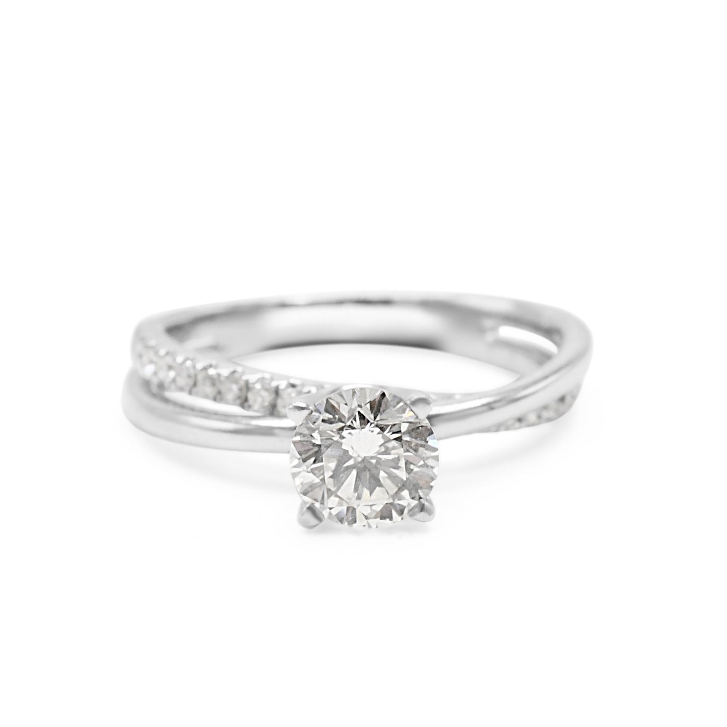 Solitaire Brilliant Cut Diamond Ring, Crossover Diamond Shoulders