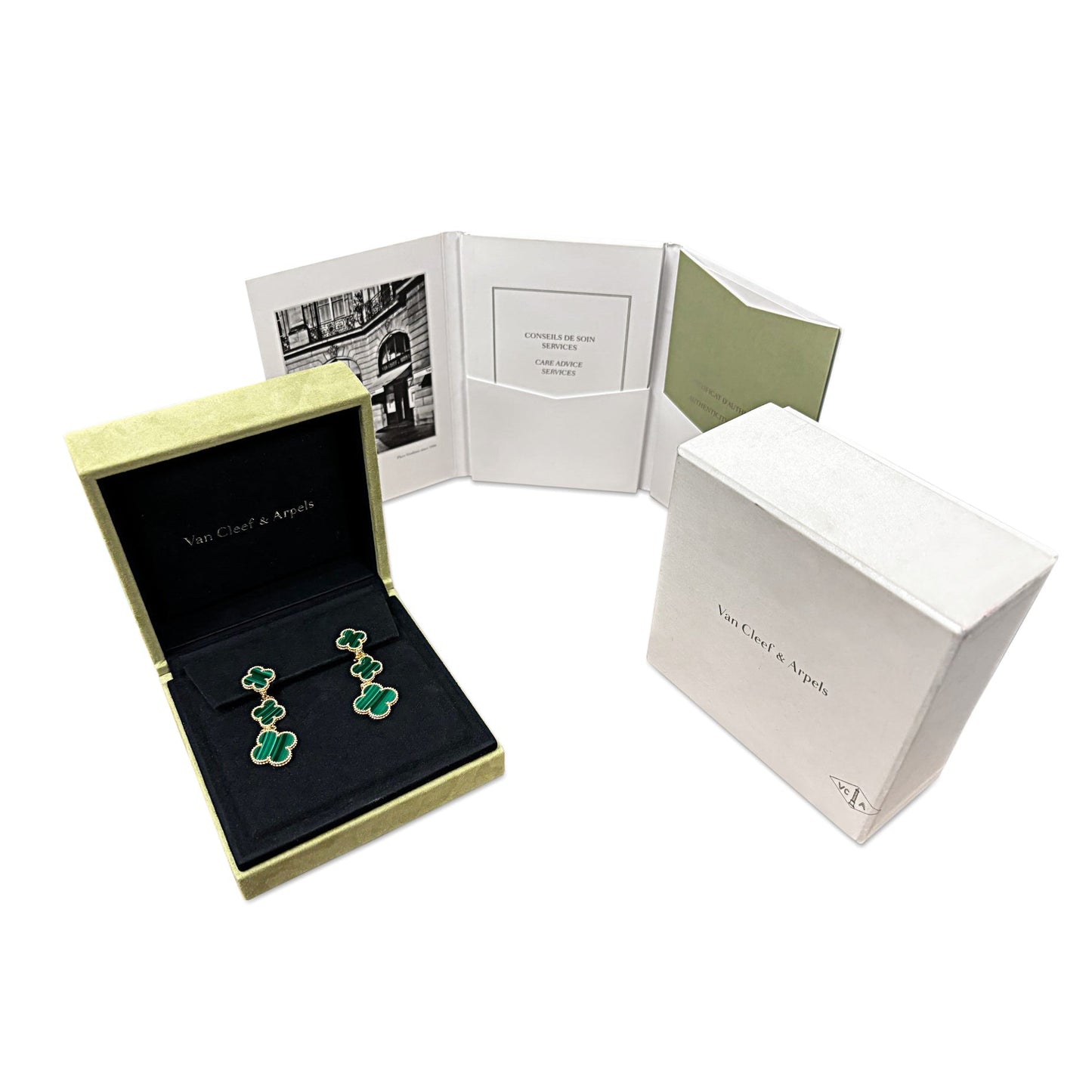Van Cleef & Arpels Magic Alhambra Malachite Earrings, 3 Motifs